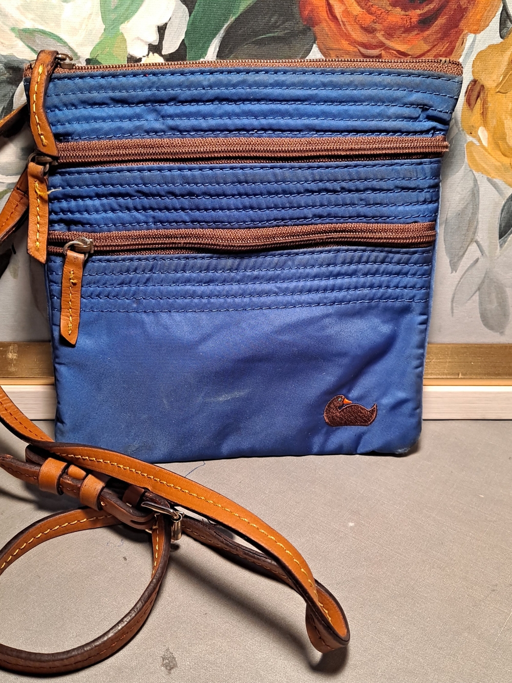 Dooney Bourke Iconic Blue Nylon North South Triple Zip Tan Vachetta Leather Trim